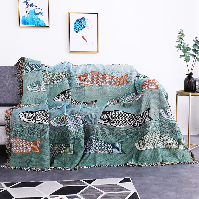 Boho Throw Blanket Fringe - بطانية منسوجة بنقش سمك الكوي، بطانية