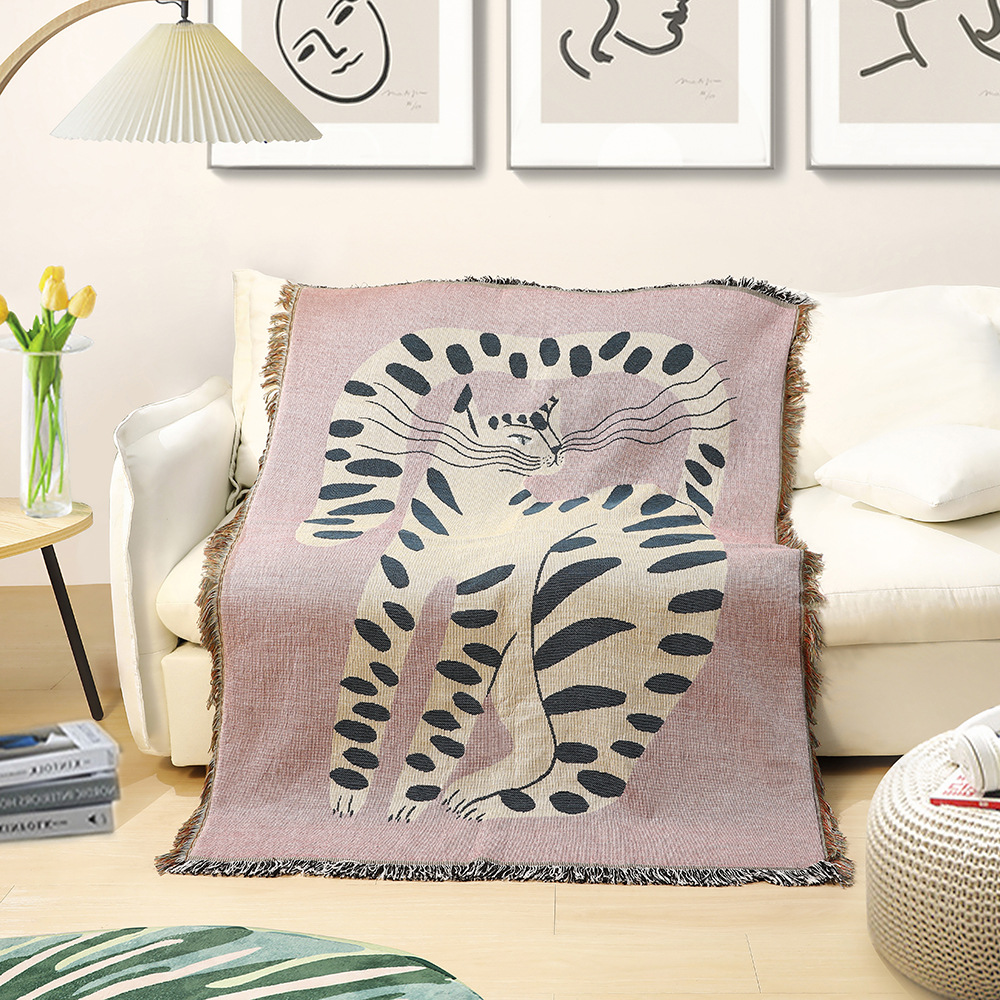 Boho Throw Blanket Fringe - بطانية جاكار بوهيمية بنقشة قطة تجريدية،